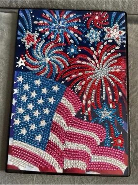 Finished Patriotic Rhinestone Flag Notebook Art - Red White Blue Fireworks